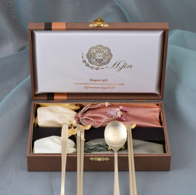 [Handcrafted by Artisan] Silk Twin Cranes Titanium Gold Spoon & Chopstick Set, 1 Set