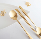 [Handcrafted by Artisan] Hundred Longevity & Blessings Gold Titanium Spoon & Chopstick Set, 1 Set