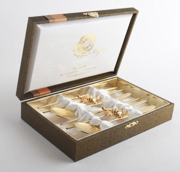 [Handcrafted by Artisan] Hundred Longevity & Blessings Gold Titanium Spoon & Chopstick Set, 1 Set