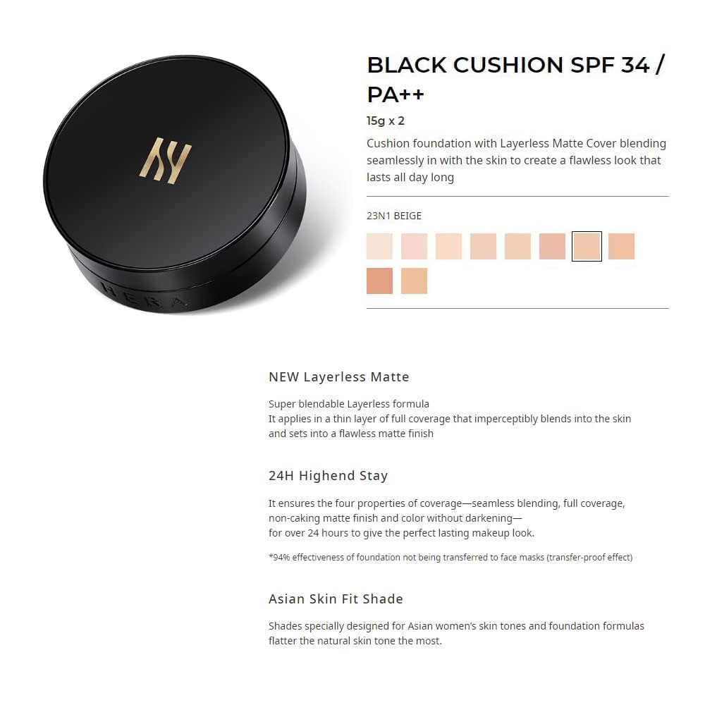 [10 SHADES/SINGLE] [HERA] BLACK CUSHION FOUNDATION  SPF34/PA++ / + Refill (Silky 24-Hour Soft Satin Finish)