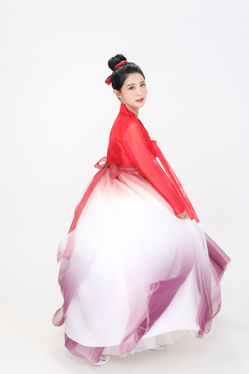 Romantic Red Hanbok Dress – Glamorous Gradient Skirt in White & Purple