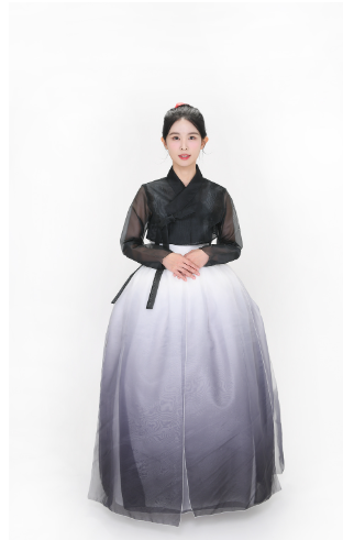 Midnight Gradient Hanbok Dress – Bold Black & White Elegance with Red Accents