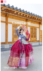 Imperial Elegance Hanbok – Royal Red & Pink Layers with Golden Accents