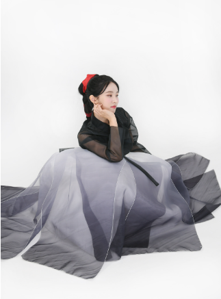 Midnight Gradient Hanbok Dress – Bold Black & White Elegance with Red Accents