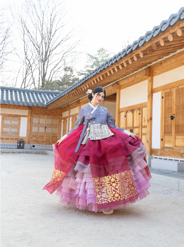 Imperial Elegance Hanbok – Royal Red & Pink Layers with Golden Accents