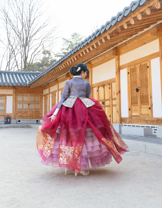 Imperial Elegance Hanbok – Royal Red & Pink Layers with Golden Accents
