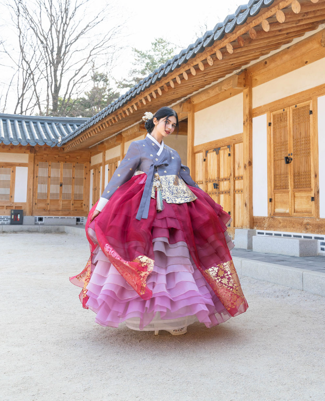 Imperial Elegance Hanbok – Royal Red & Pink Layers with Golden Accents