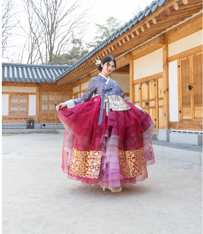 Imperial Elegance Hanbok – Royal Red & Pink Layers with Golden Accents