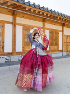 Imperial Elegance Hanbok – Royal Red & Pink Layers with Golden Accents
