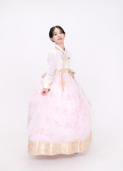 Blossom Elegance Hanbok – Soft Pink with Floral Embroidery & Golden Details