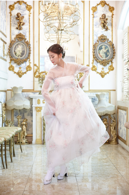 Floral Whisper Hanbok Dress – White & Pink Elegance with Sheer Layers