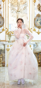 Floral Whisper Hanbok Dress – White & Pink Elegance with Sheer Layers