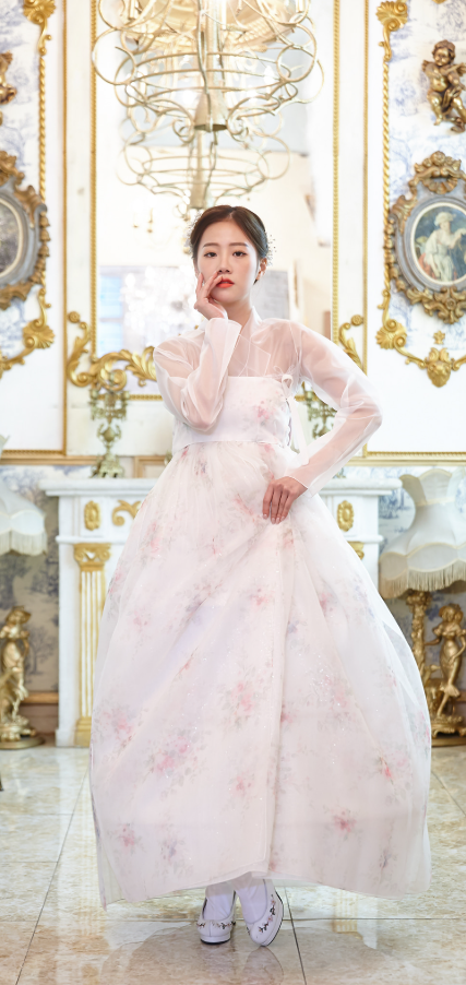 Floral Whisper Hanbok Dress – White & Pink Elegance with Sheer Layers