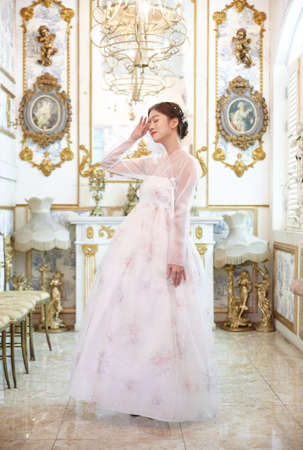 Floral Whisper Hanbok Dress – White & Pink Elegance with Sheer Layers