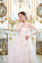 Floral Whisper Hanbok Dress – White & Pink Elegance with Sheer Layers