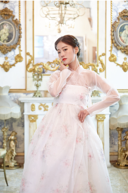 Floral Whisper Hanbok Dress – White & Pink Elegance with Sheer Layers