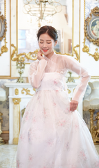 Floral Whisper Hanbok Dress – White & Pink Elegance with Sheer Layers