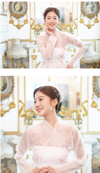 Floral Whisper Hanbok Dress – White & Pink Elegance with Sheer Layers