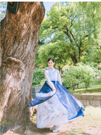 Moonlight Elegance Hanbok – White & Navy Gradient Grace for Women