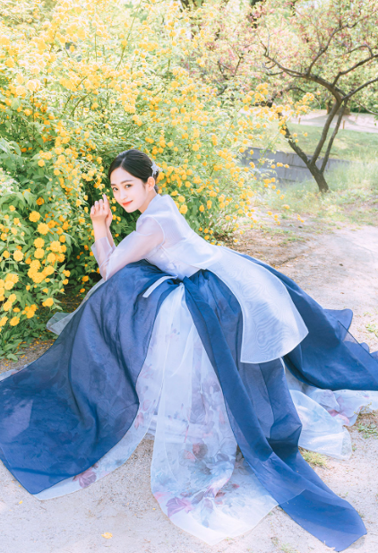 Moonlight Elegance Hanbok – White & Navy Gradient Grace for Women
