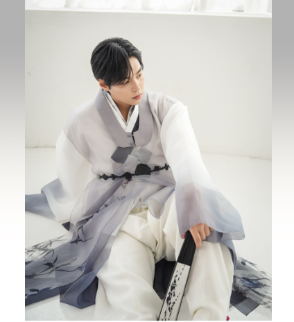 Artisan Gradient Hanbok for Men – Black & White Elegance with Floral Detail