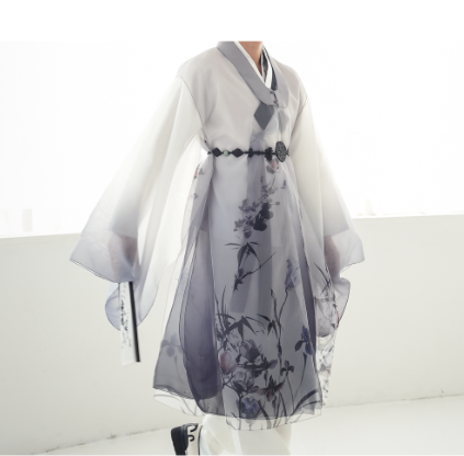 Artisan Gradient Hanbok for Men – Black & White Elegance with Floral Detail