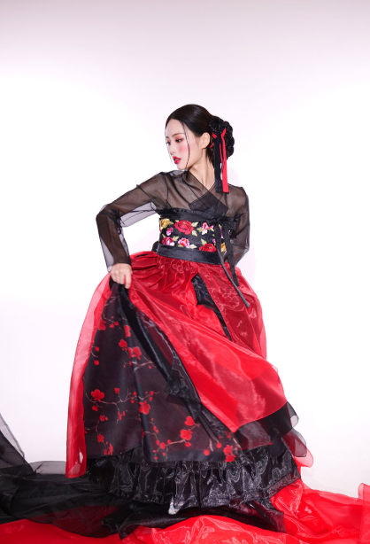 Crimson Shadow Hanbok Dress – Bold Black & Red Dramatic Elegance