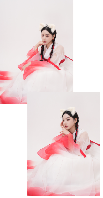 Fox Spirit Hanbok Dress – Enchanted White & Red Fantasy Style