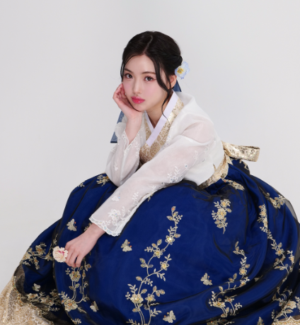 Golden Blossom Embroidery Hanbok – Royal Red & Blue Collection