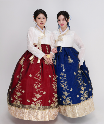 Golden Blossom Embroidery Hanbok – Royal Red & Blue Collection