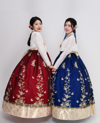 Golden Blossom Embroidery Hanbok – Royal Red & Blue Collection