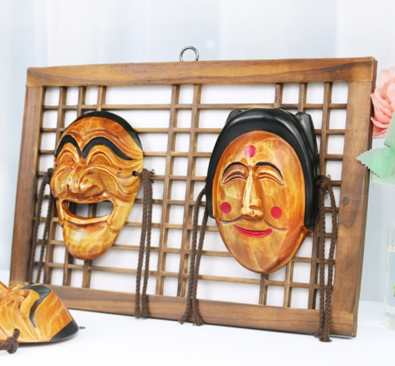 Hand-Carved Mini Lattice Hahoetal Mask Set (Yangban & Bune)