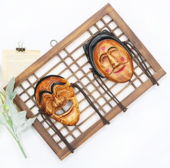 Hand-Carved Mini Lattice Hahoetal Mask Set (Yangban & Bune)