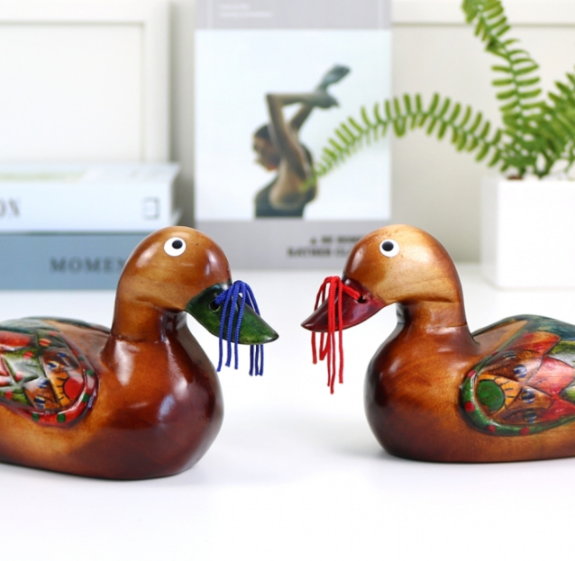 Hand-Carved Wooden Mandarin Duck Set